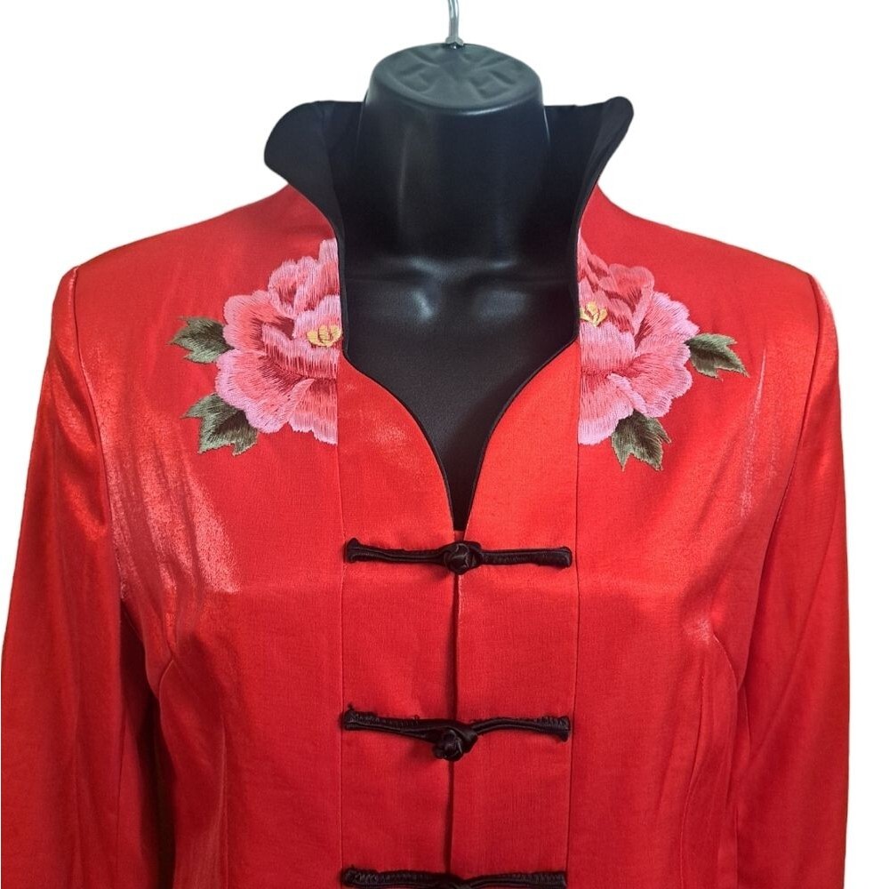 Beautiful Red Floral Asian Jacket Blazer By Bo Xi Hua Fu Women's Size L - Picture 3 of 14